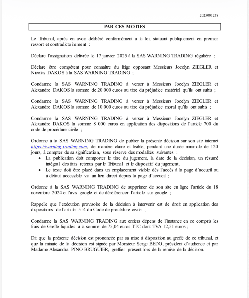 Warning Trading Nicolas GAIARDO : ce que disent les décisions de justice sur ce site et de son dirigeant 4 Condamnation juridique Warning Trading